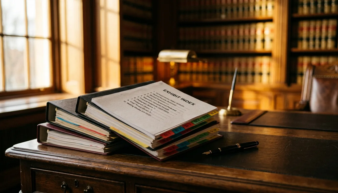Deposition exhibit binders with color-coded index tabs and an exhibit index cover sheet on a desk
