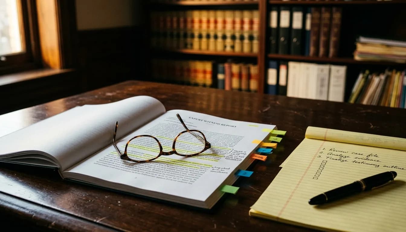 Expert witness report marked up with highlighter and sticky tabs during deposition preparation