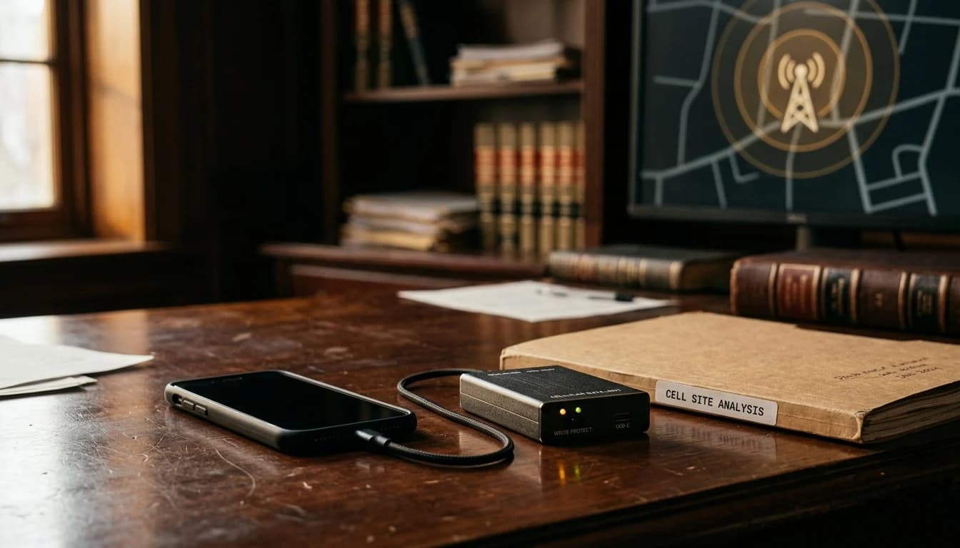 A mobile device connected to a forensic data extraction unit on an examiner's desk, with a cell tower coverage map on a monitor in the background