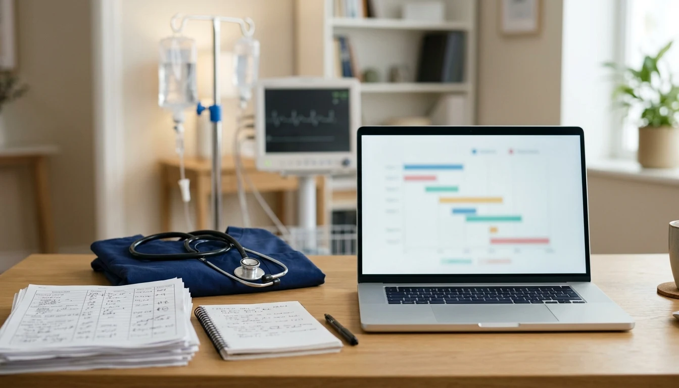 A legal nurse consultant's desk with a stethoscope, folded scrubs, and printed nursing charts, and a laptop showing case-review timeline charts, with a hospital IV pole and patient monitor in the background