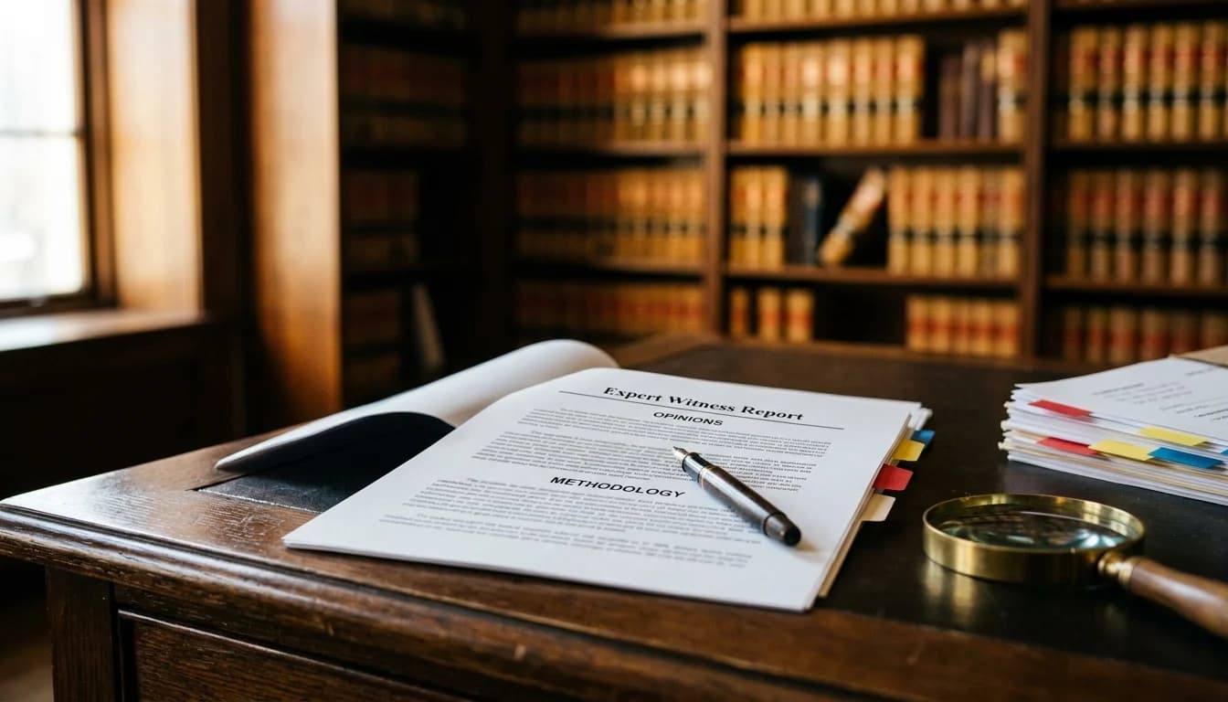 An expert witness report open on a desk with a fountain pen, tabbed exhibits, and a magnifying glass