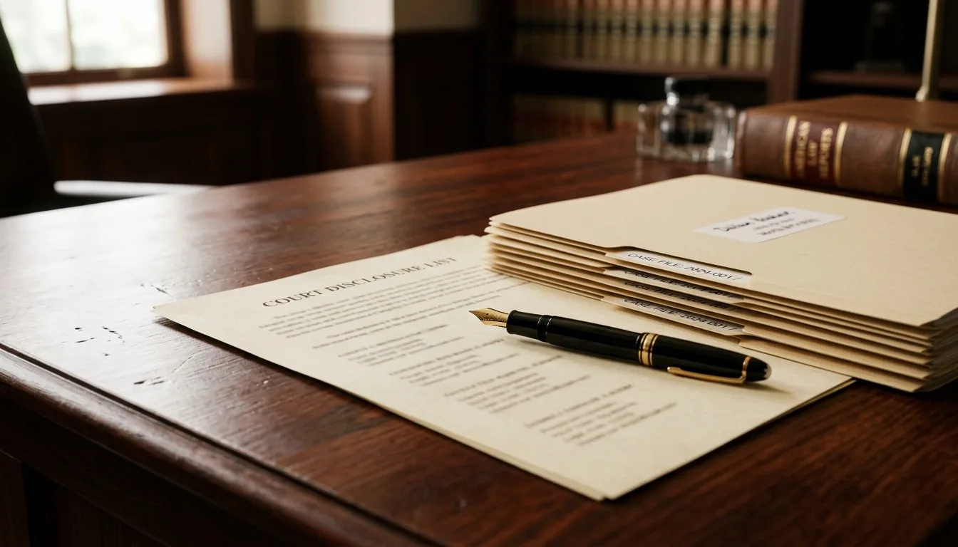 A court disclosure list document with case file folders and a fountain pen on a law office desk