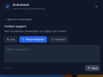 The Contact support view inside the AI Assistant, with Bug, Feature Request, and Question category buttons and a message field