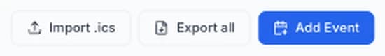 Calendar toolbar with Import .ics, Export all, and Add Event buttons