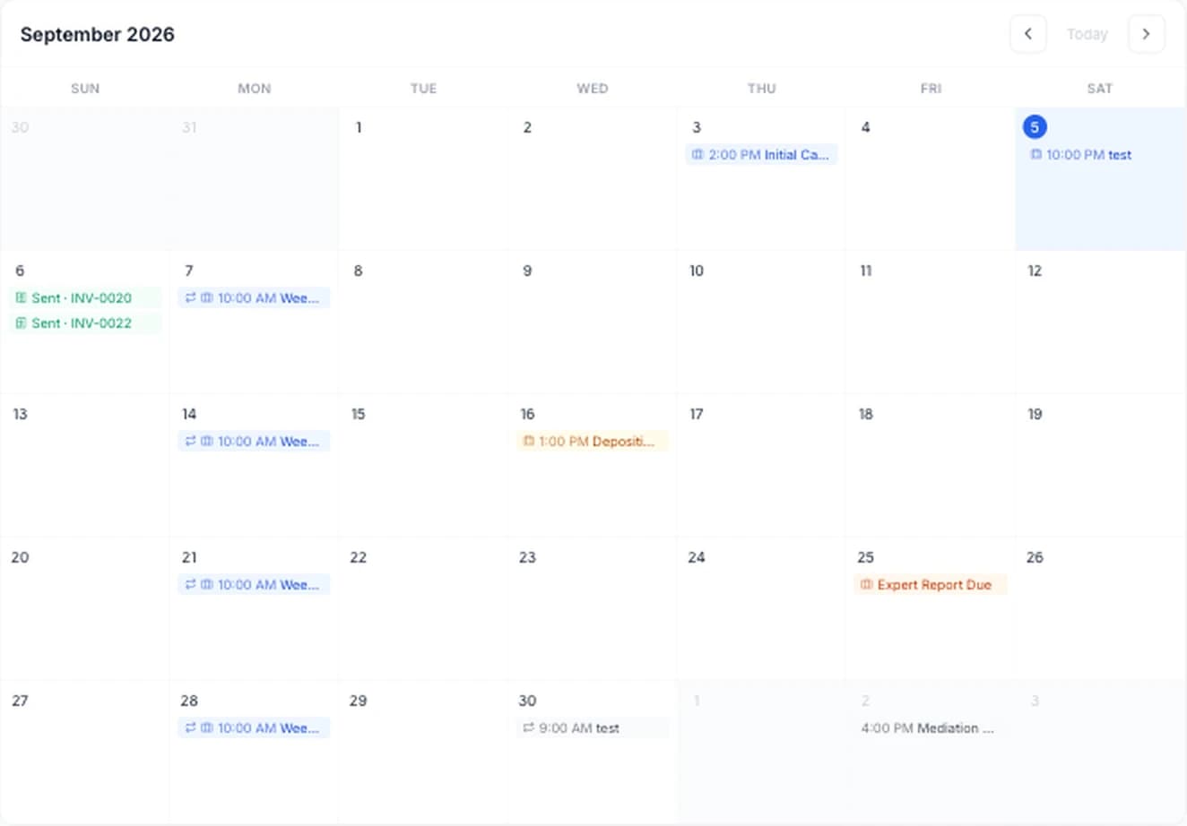 Calendar month view showing a recurring meeting, a linked deposition, an all-day deadline, and invoice due-date markers