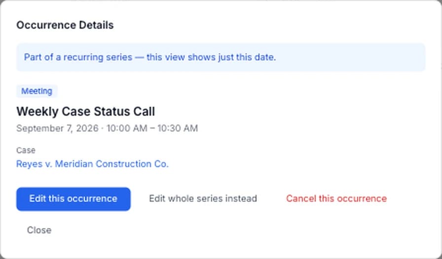 Occurrence Details modal showing a meeting's title, time, linked case, and Edit/Cancel actions