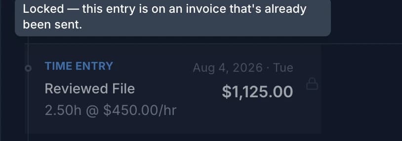 A locked time entry in the Case Activity feed with a tooltip explaining it's on an invoice that's already been sent