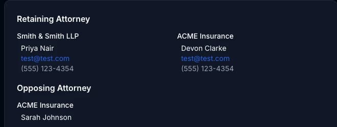 Case detail page showing Priya Nair grouped under Smith & Smith LLP, and Devon Clarke under ACME Insurance