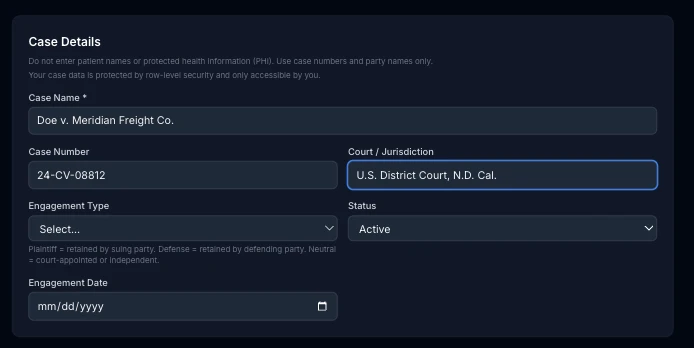 Case Details section of the New Case form with Case Name, Case Number, Court/Jurisdiction, Engagement Type, Status, and Engagement Date fields