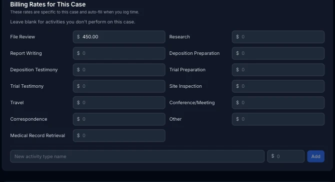 A case's Billing Rates section with File Review overridden to $450/hr and every other activity type left blank
