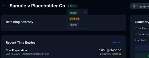 Status pill dropdown on a case detail page showing Active, Pending, and Closed options with a checkmark on the current status