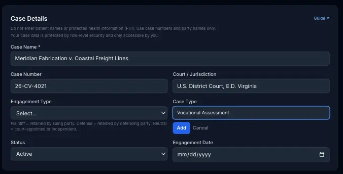 Case Type field on the case form with a custom type, Vocational Assessment, being added inline