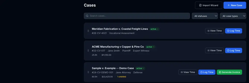 Case list showing case type labels next to case numbers, with the All case types filter dropdown visible