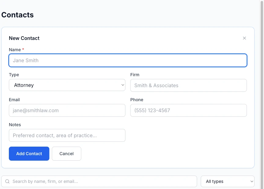 The Contacts page with a list of saved contacts and the Add Contact panel open