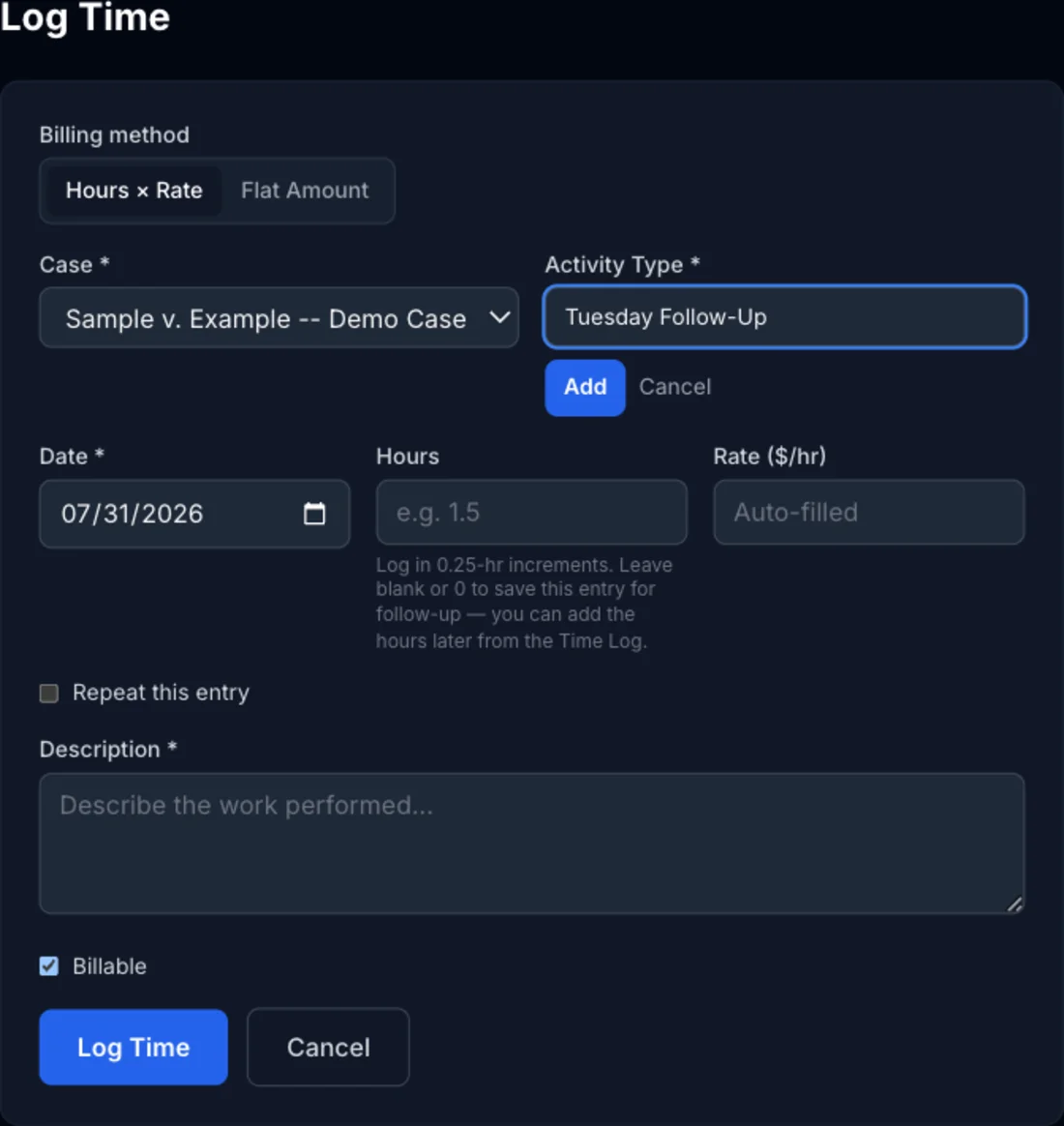 Activity Type field with 'Tuesday Follow-Up' typed into the new custom type name box — an example of what not to do