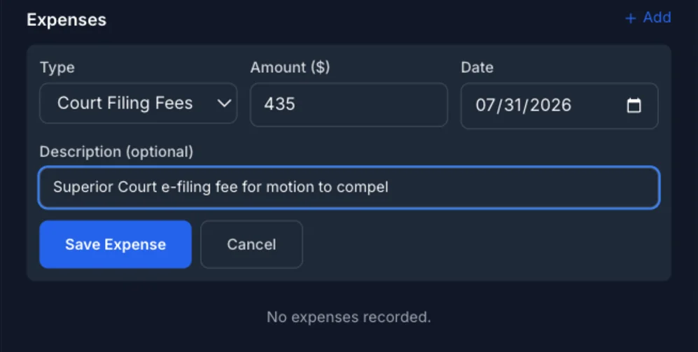 Expense form with Type set to the reusable Court Filing Fees category and a case-specific description in the Description field