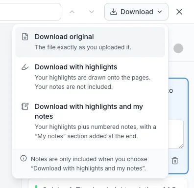 The Download menu open in the viewer with three options: Download original, Download with highlights, and Download with highlights and my notes, plus a note that notes are only included with the third option