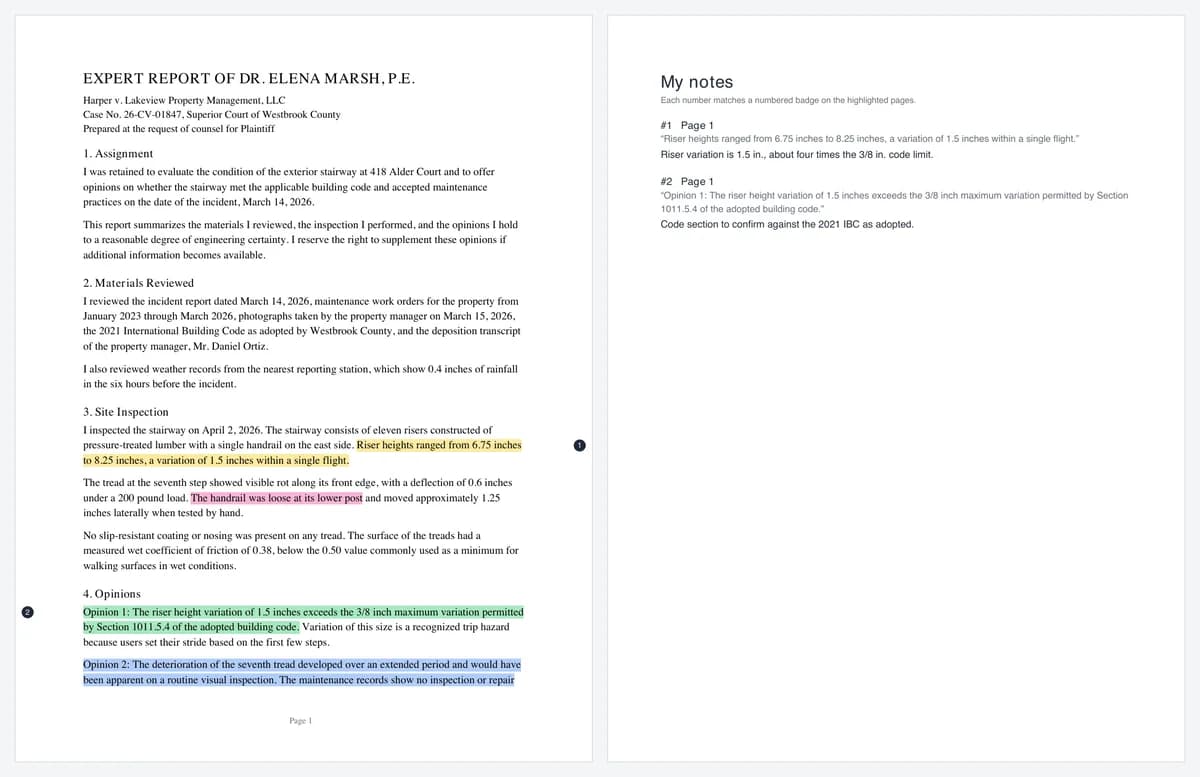A downloaded copy with highlights and notes: the first page of the report with colored highlights and numbered badges in the page margins level with the noted highlights, and the My notes page at the end listing each numbered note with its page and highlighted text