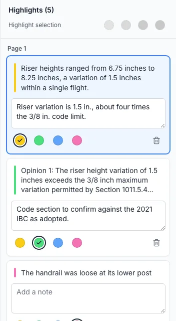 The Highlights panel showing Highlights (5), a Page 1 group with highlight cards, each with its text, a note box, four color buttons and a delete button