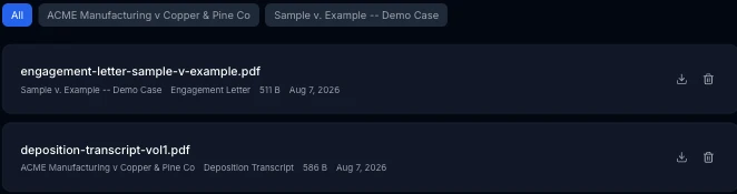 Documents page filter tabs and a list of two uploaded files, each showing case, document type, file size, and date