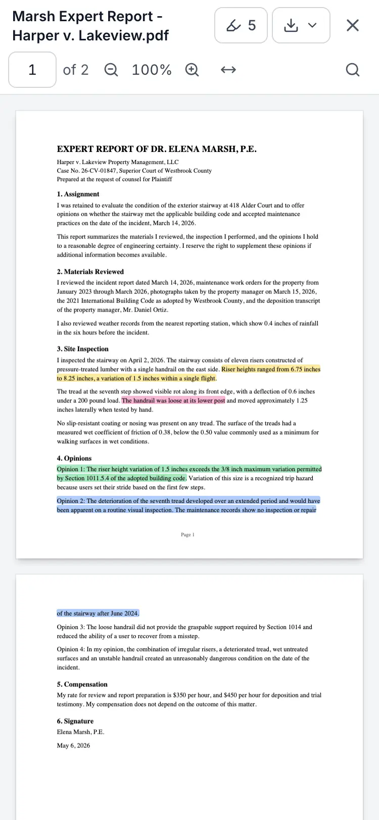 The viewer on a phone, with the document title, highlights count, download and close buttons on the first row and page number, zoom and search on the second row