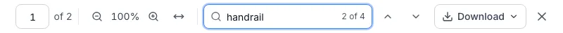 The viewer toolbar showing page 1 of 2, zoom at 100%, the fit to width button, a search for handrail on match 2 of 4, the Download button and the close button