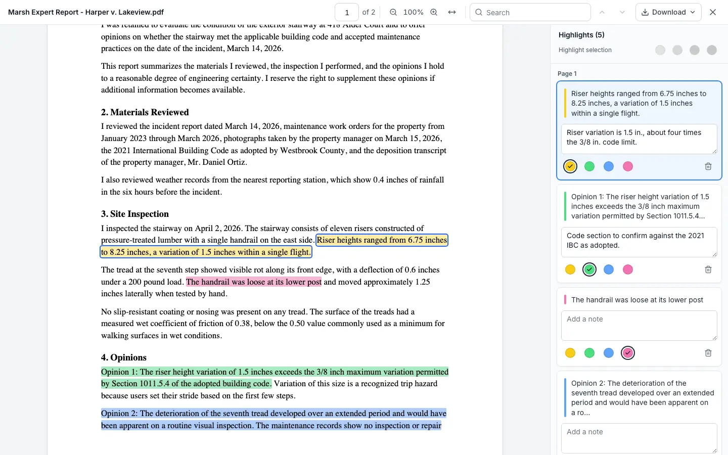 An expert report open in the ExpertPractice viewer, with the toolbar across the top, highlighted passages on the page, and the Highlights panel on the right