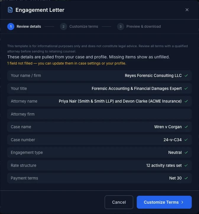 Engagement Letter step 1, Review details, showing auto-filled fields including two attorneys grouped by firm