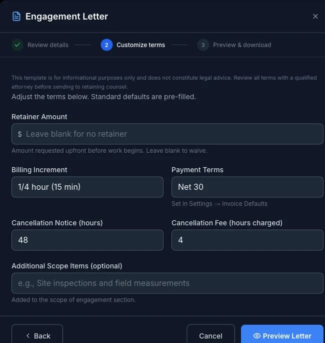 Engagement Letter step 2, Customize terms, with retainer amount, billing increment, payment terms, and cancellation fields