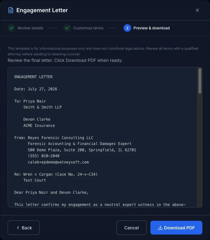 Engagement Letter step 3, Preview and download, showing the full letter text addressed to both attorneys