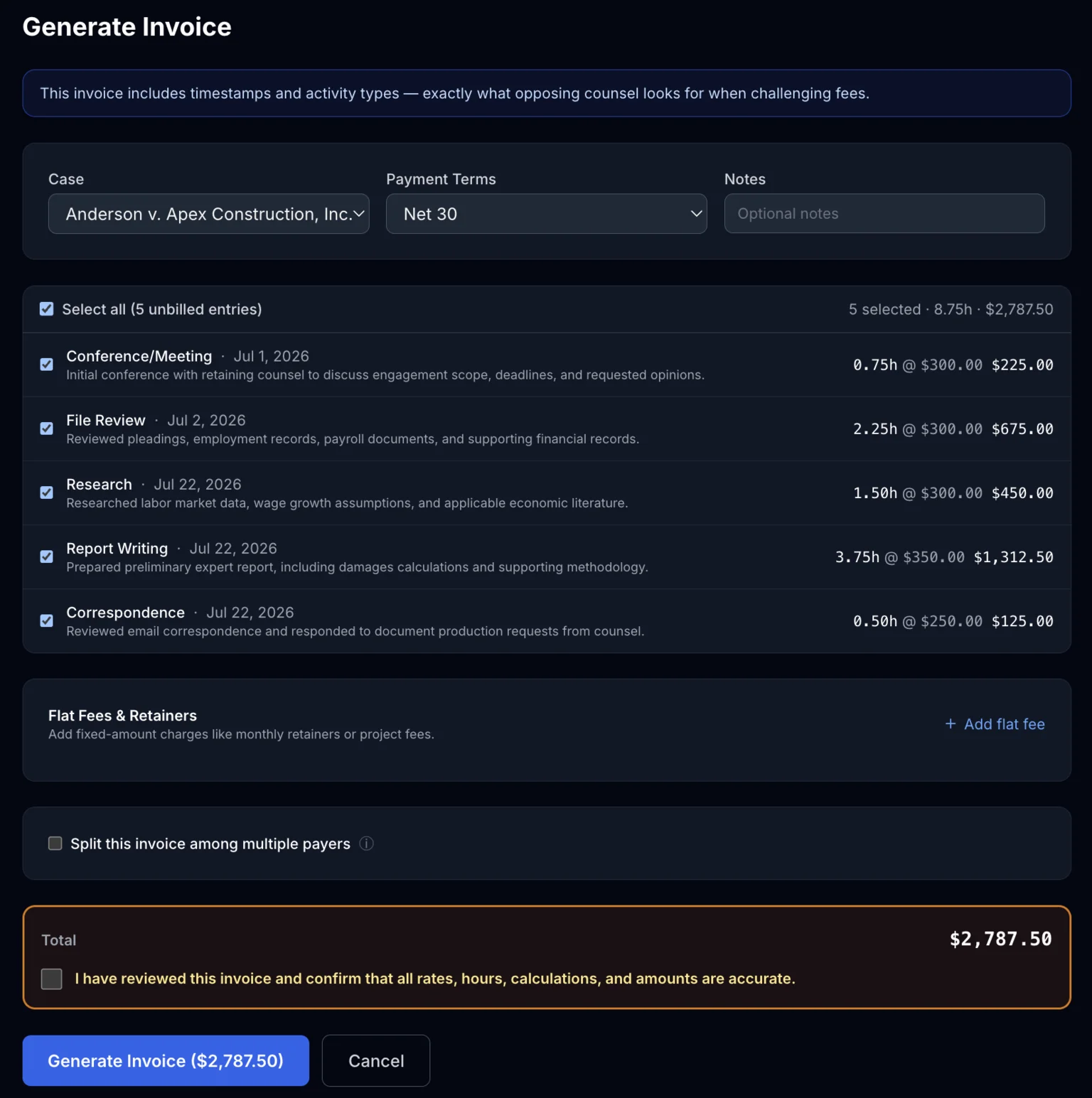Generate Invoice screen with unbilled time entries selected and the running total visible