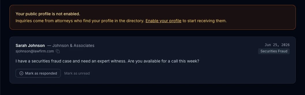 The Inquiries inbox showing a contact request from an attorney about a securities fraud case
