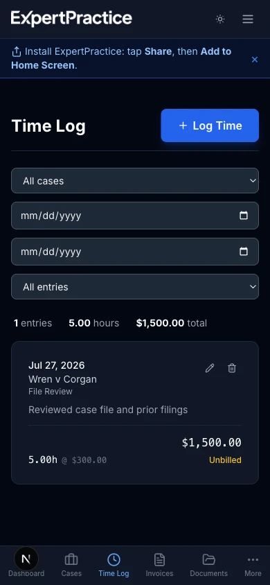 The Install ExpertPractice banner across the top of the app on a phone, pointing to the Share menu
