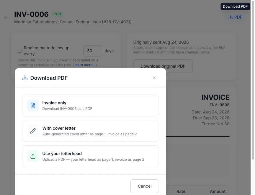 The Download PDF window with three options: Invoice only, With cover letter, and Use your letterhead