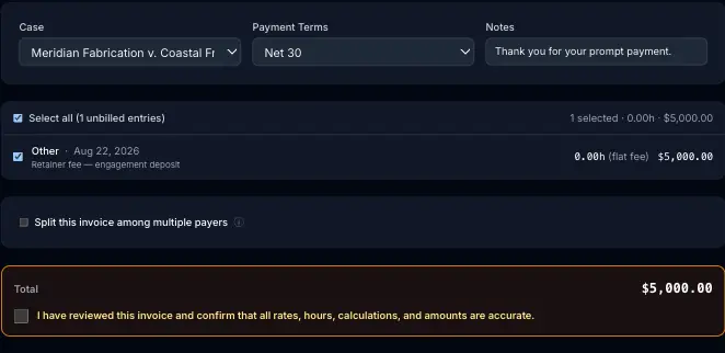 Generate Invoice screen with the retainer fee flat-fee entry selected as a $5,000.00 line item