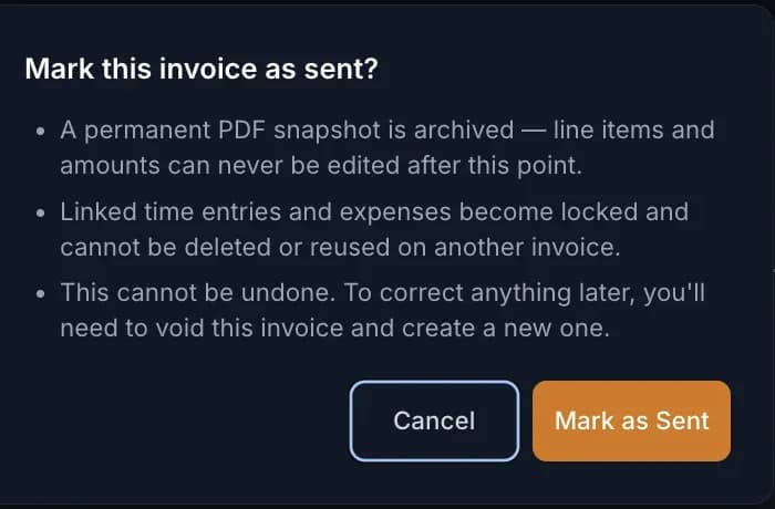 The Mark as Sent confirmation modal, in amber rather than red — this is a normal step, not a dangerous one