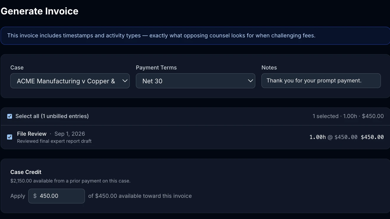 Case Credit panel on the New Invoice screen, showing $2,150.00 available with $450.00 pre-filled to apply toward the invoice