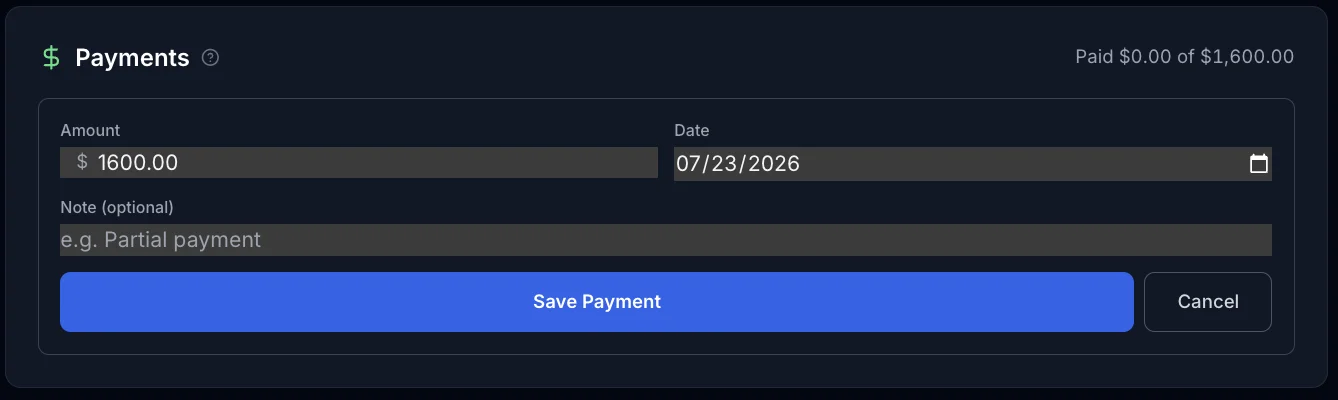 Record Payment form on an invoice — amount, date, and an optional note, applied directly