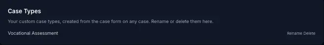 Case Types card on the My Practice settings page, listing a custom type with Rename and Delete actions