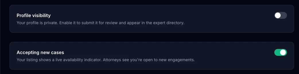 Profile visibility and Accepting new cases toggles on the Public Profile settings page