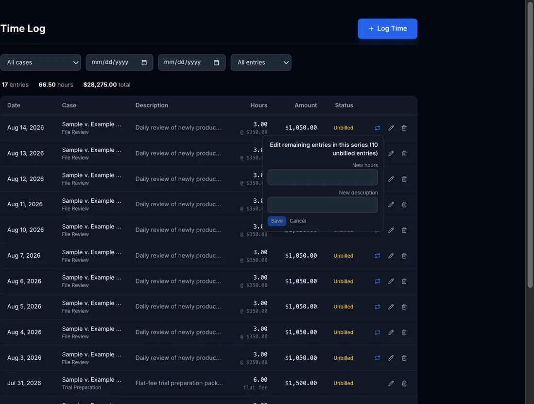 Time Log with an Edit remaining entries in this series popover open, showing new hours and new description fields for 10 unbilled entries