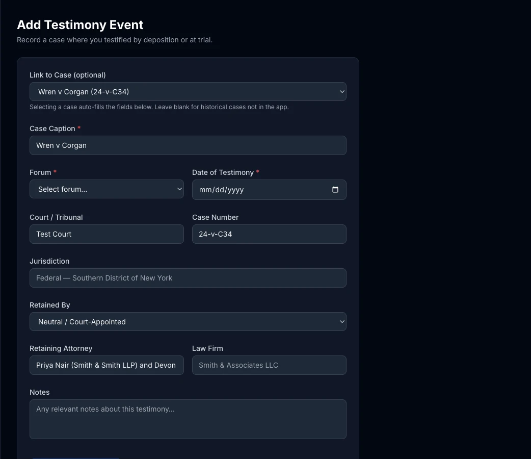 The Add Testimony Event form with a linked case auto-filling case number, court, jurisdiction, and retaining attorneys