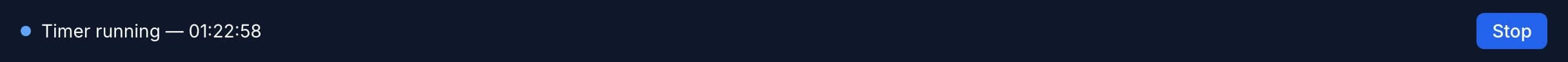 Sticky timer banner at the top of the app showing elapsed time and a Stop button