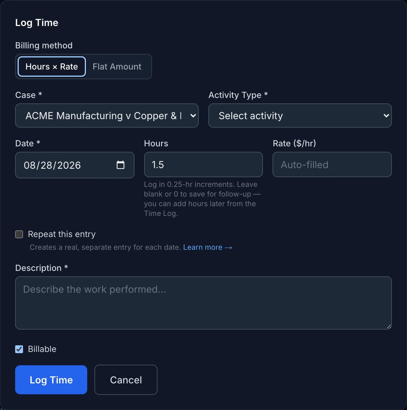 Log Time form pre-filled with 1.5 hours and the case from the timer, waiting on activity type and description