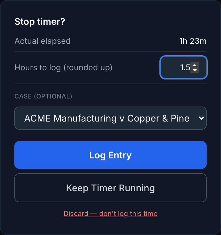 Stop timer confirmation dialog showing actual elapsed time, editable hours to log, and a case dropdown