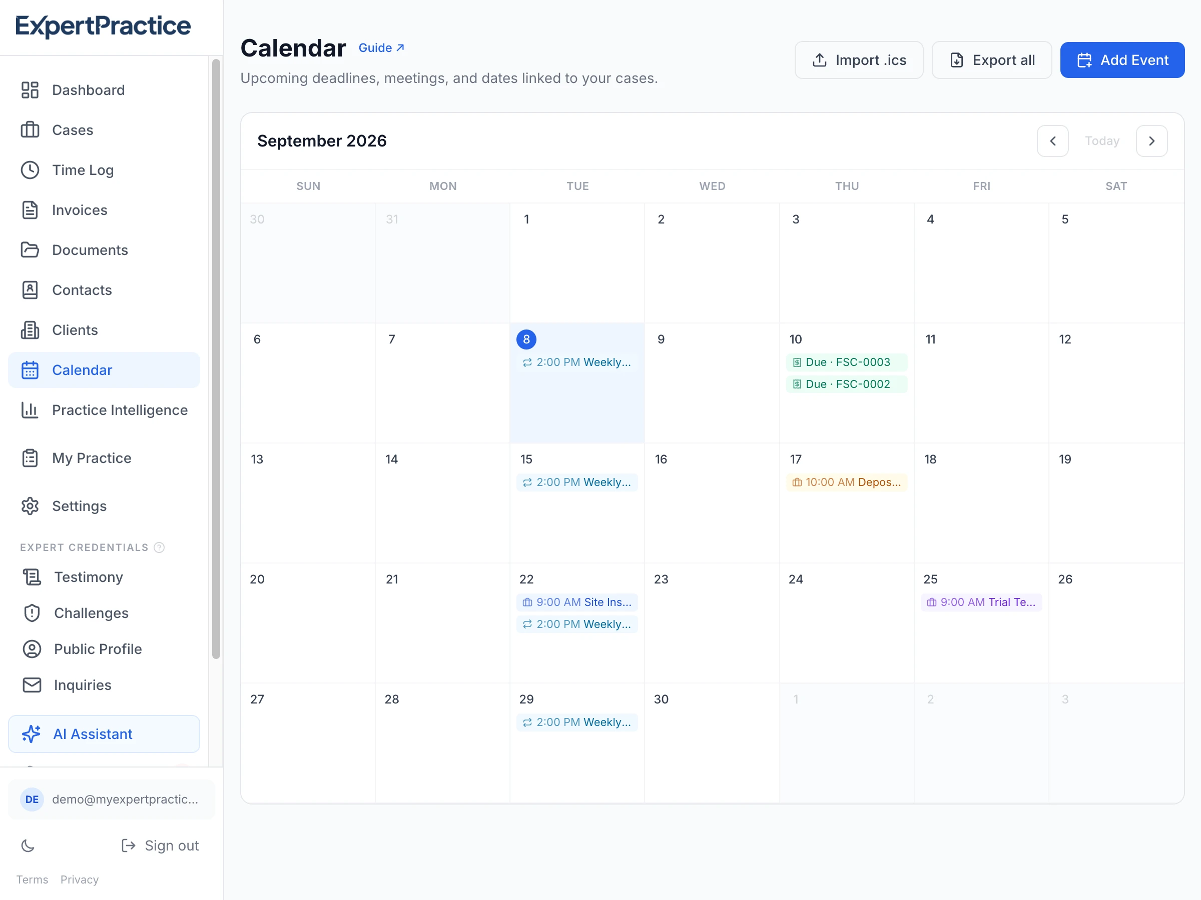 Calendar month view showing case-linked meetings, a deposition, trial testimony, and invoice due-date markers