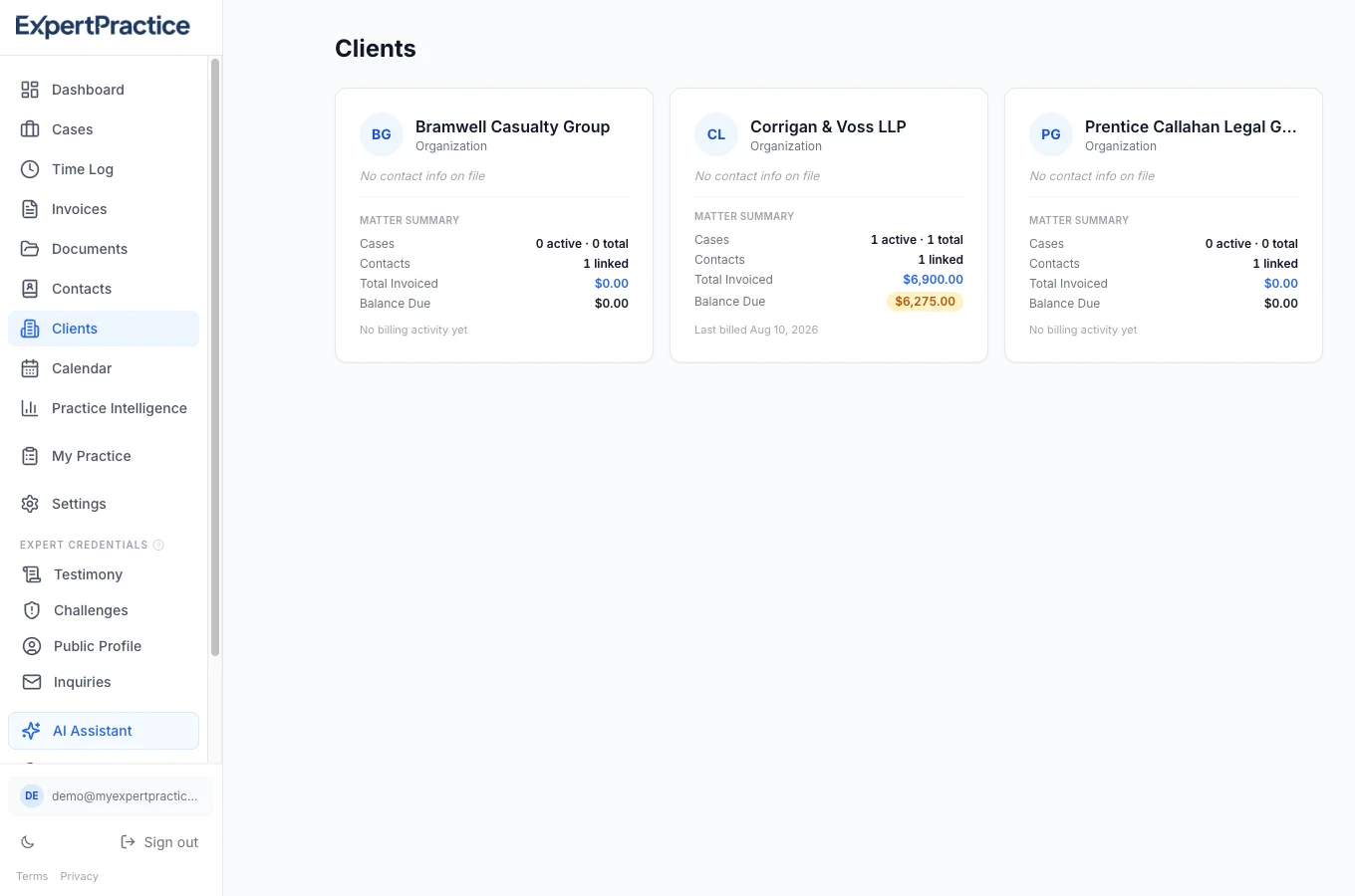 Clients list showing a firm's linked cases, contacts, total invoiced, and balance due
