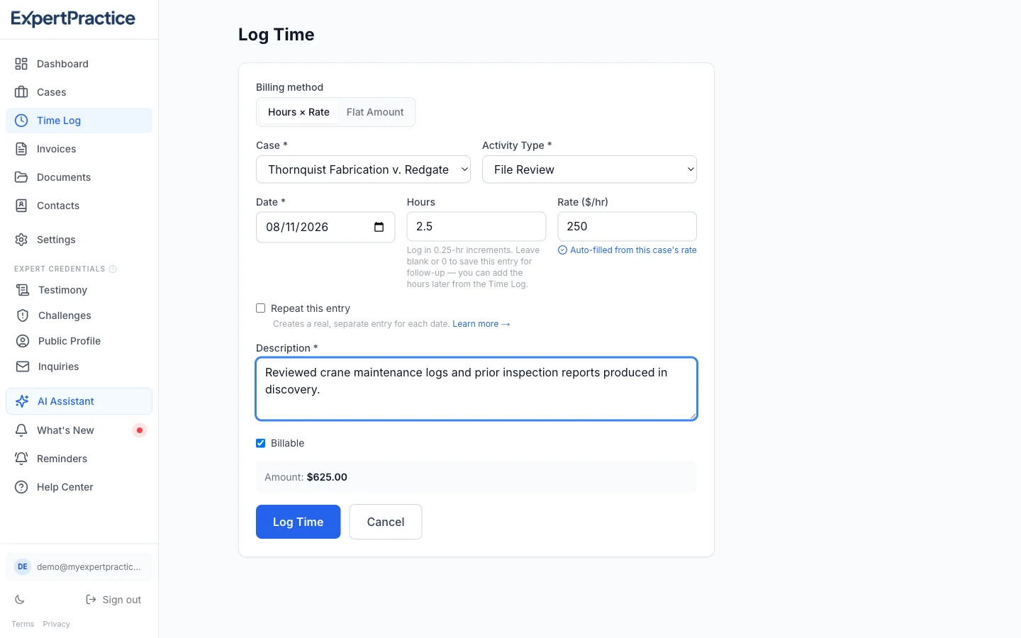 Time entry form with the billing rate auto-filled from the case's rate structure