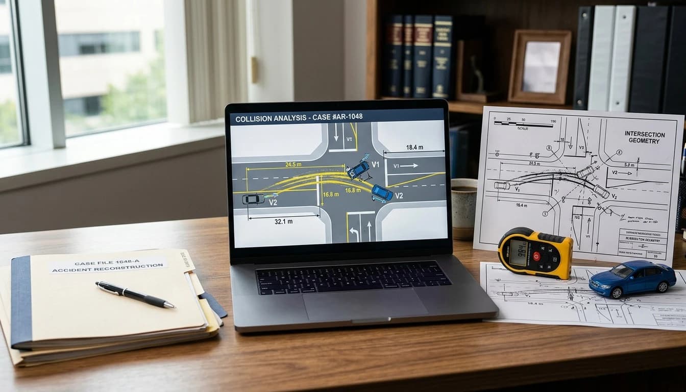 An accident reconstruction expert's desk with a laptop showing a collision diagram with measurement overlays, a printed intersection scale diagram, a measuring wheel, and case files