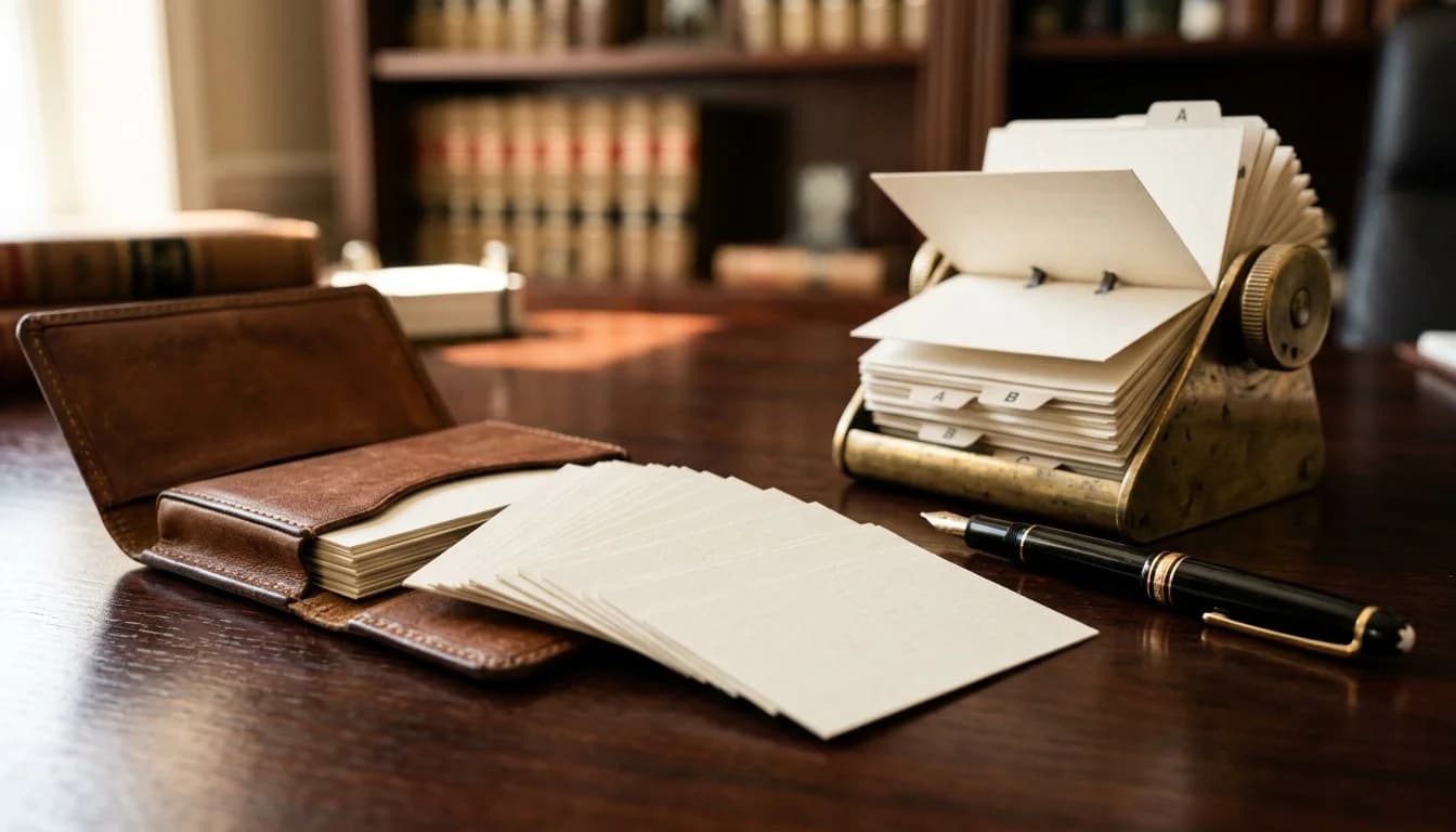 A leather business card holder and a brass Rolodex fanned open on a dark wood law office desk